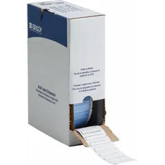 Polyolefin, white matte sleeve labels sized 19/32 in x 11/32 in, for wire gauges 10 AWG to 20 AWG. Compatible with M611 printer series. Used for on-demand identification of wires in industrial wiring, cable management, and panel building.