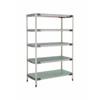 This stationary shelving unit combines a 304 stainless steel frame with polymer shelves for use in environments requiring antimicrobial resistance. It includes five shelves and has an overall height of 74 inches. Typical applications include storage in areas where hygiene and corrosion resistance are important, such as healthcare, food processing, or cleanrooms