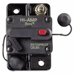 Flush-mount automotive circuit breaker from the CB185 series. Rated for 48V DC with an interrupt rating of 3 kA. Features a stud terminal connection for secure wiring. Suitable for overcurrent and short circuit protection in DC power systems.