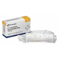 Sterile, self-adhering conforming gauze bandage, 4 inches wide by 4 yards long. Latex-free and white, it is not water resistant. Meets ANSI Z308.1-2015 standards for unitized first-aid supplies. Used to secure wound dressings or provide light compression in first-aid kits and medical settings