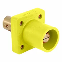 Male single pole receptacle with bus bar terminations from Series 16. Features a yellow straight taper nose mating design and half-round configuration with a tapped hole termination. Used in industrial power distribution systems for secure connections in panelboards, switchgear, and generator applications.