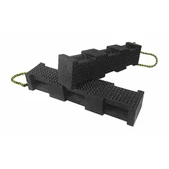 Plastic rectangular cribbing block with 40-ton vertical load capacity and 18-inch overall length. Black body with yellow handle for positioning. Used for stabilizing heavy loads during lifting, rigging, or maintenance operations.