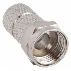 Male F-Type twist-on connector for RG-6 coaxial cable. Nickel-plated silver finish. Maximum frequency 1 GHz. Used for terminating coaxial cable in signal distribution systems such as cable TV, satellite, and broadband internet.