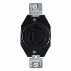 This LEVITON locking receptacle is a non-NEMA general-purpose device rated for 125/250V AC and 20 A. It features 3 poles and 3 wires in a black finish. Designed for industrial and commercial applications, it provides a secure twist-lock connection to prevent accidental disconnection in environments with vibration or where temporary power is required.