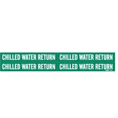 Green adhesive pipe markers with white legend reading 'Chilled Water Return'. Each marker fits pipe outer diameters from 3/4 to 2-3/8 inches. Pack of 4 markers without arrows. Used to identify chilled water return lines in piping systems.