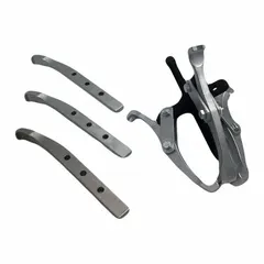 This 6-piece jaw puller set is designed for removing gears, bearings, pulleys, and other press-fit components. It features a jaw reach of 8 3/4 in and a jaw thickness of 0.35 in, suitable for medium to large pulling tasks in maintenance and repair applications.