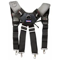 These general-purpose tool suspenders are constructed from polyester with a padded design for comfort. They include one pocket and are intended to support a tool belt, reducing strain on the waist during tasks that require hands-free tool carrying.