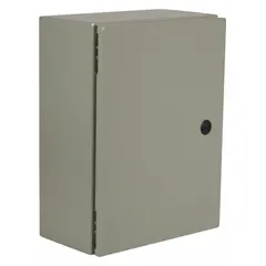 Steel enclosure with solid hinged cover and 1/4-turn latch. Rated NEMA 12/13/3R/4 for protection against dust, water, and corrosion. Suitable for indoor and outdoor industrial applications requiring washdown capability. No knockouts included.