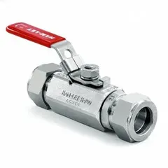 This straight-body ball valve is constructed of stainless steel with compression x compression end connections. It features a locking lever handle for secure flow control in on/off applications. Suitable for use in industrial fluid systems requiring corrosion resistance and leak-tight connections.
