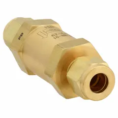 Brass inline poppet check valve with Buna-N seal. Prevents backflow in fluid and gas media systems. Suitable for industrial instrumentation, pneumatic controls, and hydraulic circuits requiring one-way flow.