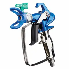 This GRACO airless spray gun is constructed of stainless steel for corrosion resistance. It features a 1/4 in NPSM air inlet and includes a RAC X FFLP 210 SwitchTip. Designed for applying coatings, enamels, lacquers, and stains, it is commonly used in industrial finishing, woodworking, and maintenance painting applications.