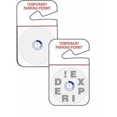 Temporary paper parking hanger, white with blue markings, 3 in overall width by 5 in card height. Sold in packs of 500. Used for designating short-term parking access in facilities such as offices, industrial plants, and institutions.