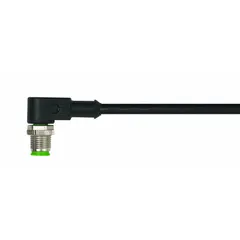 Single-ended cordset with a black PUR jacket for twisting applications. Features an M12 male right-angle connector on one end and bare wire on the other. 5 pins, 22 AWG wire, 10 m cable length, 4 A max current, IP67 rated.