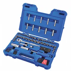 This 102-piece socket set includes 1/4 in and 3/8 in drive tools, standard sockets, and socket bits covering SAE and Metric sizes from 5/32 in to 13/16 in. Sockets feature 12-point and 6-point configurations. Suitable for tightening and loosening fasteners in automotive repair, machinery maintenance, and general assembly.