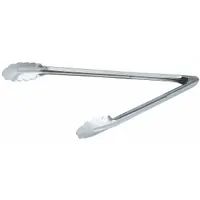 Stainless steel tongs with scalloped blades for secure gripping. 9 3/8 in overall length, 24 ga gauge, uncoated handle. Suitable for food handling in commercial kitchens, buffet service, and catering