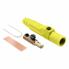 Male plug with single set screw termination, rated 600V AC/600V DC and 150 A. Yellow housing from the 15 Series. Used for high-current inline connections in industrial power distribution and heavy equipment.