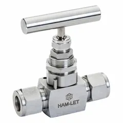 This 316 stainless steel straight-body needle valve features a screw-in bonnet and non-rotating stem for precise flow control of liquid media. It is equipped with Let-Lok connections on both ends and a metal tee handle. The valve complies with ISO 2006(E) and is suitable for instrumentation, sampling, and process lines requiring reliable shut-off and regulation.