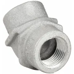 This 45° elbow is made of aluminum with a plain finish. It has 1-1/2 in FNPT female connections on both ends. Used in industrial conduit systems to change direction at a 45-degree angle, suitable for hazardous locations.