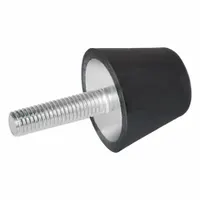 This vibration-isolating mount features a Buna-N body in a flat conical shape with male x non-threaded style and M10 thread size. It is used to reduce transmitted vibration from rotating or reciprocating equipment such as pumps, compressors, and motors