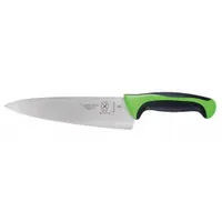 This 8-inch chef's knife features a stamped steel blade with a sharp edge, suitable for chopping, slicing, and dicing in professional and home kitchens. The green handle is made of Santoprene and polypropylene for a comfortable grip. NSF certified