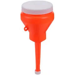 Polyethylene funnel with caps on each end for secure fluid containment. 32 fl oz capacity, 3 in diameter, 8 3/4 in height. Suitable for transferring and storing fluids in maintenance and industrial settings.