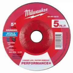 This MILWAUKEE Type 27 grinding wheel measures 5" x 1/4" x 7/8" and is made of zirconia alumina with 24 grit. It is designed for grinding carbon and stainless steel. Typical applications include weld preparation, deburring, and surface blending. Sold in a 5-pack.