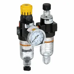 This Parker FRL combines a 5 micron filter with twist drain, a pressure regulator, and a mist lubricator in a single unit. With 1/4 in NPT ports, it handles 24 scfm flow at up to 250 psig. It conditions compressed air for pneumatic tools and actuators in industrial systems.