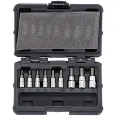 This 25-piece Torx bit socket set includes fixed insert bits ranging from T10 to T47. It features 1/4 in and 3/8 in drive sizes with an overall length of 1 43/64 in. Suitable for driving Torx fasteners in automotive, machinery, and industrial assembly applications.