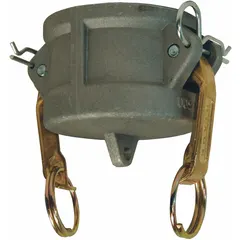 This dust cap seals the end of a 5-inch cam-and-groove coupling when not in use, protecting the interior from dirt, debris, and moisture. It is rated for 75 psi maximum working pressure at 70°F and has an overall length of 3 27/32 inches. The body is aluminum, and the gasket is nitrile. Commonly used in industrial fluid-transfer systems for hose end protection.