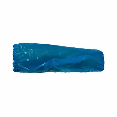 Blue polyethylene sleeves for non-hazardous dry particulates and liquid splash/spray. Each sleeve is 16 in overall length, 0.68 mil thick. Sold in packs of 100. Suitable for light industrial, janitorial, and food-processing environments requiring arm coverage without heavy-duty chemical resistance.
