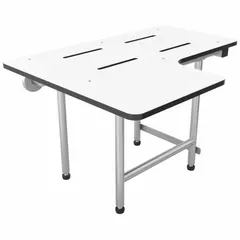 This wall-mount shower bench features a phenolic seat and stainless steel frame. It supports up to 800 lb and has a maximum seat width of 28 inches. Suitable for accessible shower and wet-room environments in commercial or institutional settings.