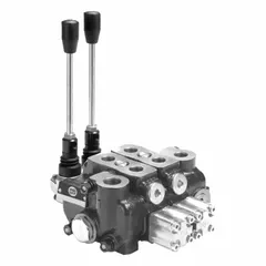This stack valve working section is a manually actuated, spring-centered directional control valve with a maximum flow rate of 13 gpm. It features a #8 SAE O-Ring Boss work connection and a #10 pressure connection with outlet port configuration. Typical applications include use in hydraulic systems for mobile or industrial equipment requiring precise directional control.