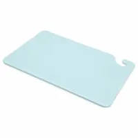 This blue co-polymer cutting board measures 18 inches in length and 12 inches in width. It is NSF Certified for use in commercial food preparation environments. The non-porous surface resists knife scarring and is suitable for direct food contact