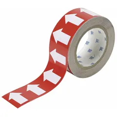 This vinyl pipe marker tape features a red background with white arrow legend to indicate flow direction in piping systems. The 4-inch wide, 90-foot roll provides continuous banding for industrial pipe marking applications. Non-reflective material suitable for indoor use.