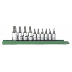 This 25-piece set includes Torx hex bit sockets with fixed insert design. Drive sizes are 1/4 in and 3/8 in, covering Torx sizes T10 to T55. Suitable for driving Torx fasteners in automotive, machinery, and industrial applications.