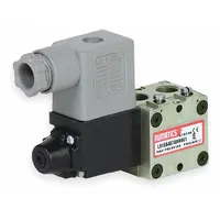 Single solenoid, four-way, two-position directional control valve with spring return. Operates on 24V DC and features a plug-in, non-locking solenoid connector. Used in industrial pneumatic systems to direct compressed air to actuators or cylinders in automation and material handling equipment