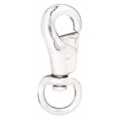 This iron eyelet spring snap has a 7/16 in opening and is designed for animal tie applications. It is not intended for lifting. Typical uses include securing livestock ties or tethering animals.