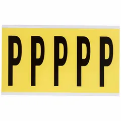 Individual die-cut character 'P' in Archivo Narrow font, black on yellow background. Non-reflective and intended for indoor use. Character height is 3-7/8 in. Not self-spacing or aligning. Suitable for facility signage, equipment identification, and safety marking.