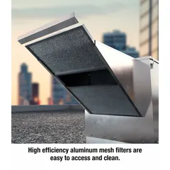 Belt-drive filtered supply fan for roof-mounted ventilation. Delivers 2500 cfm at up to 1/2 in wc static pressure. Features a 1-1/2 hp, single-phase, open dripproof motor with variable speed, 208-230V AC. Suitable for introducing filtered supply air in commercial or industrial spaces.