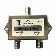 Coaxial splitter with one F-Type female input and two F-Type female outputs. Supports frequencies up to 2,300 MHz for distributing data, audio, and video signals. Silver finish.