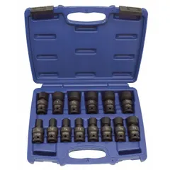 This 14-piece SAE impact socket set includes sockets ranging from 7/16 in to 1-1/4 in with a 1/2 in drive size. Designed for use with impact wrenches, it is suited for heavy-duty fastening tasks in automotive repair, industrial maintenance, and construction.