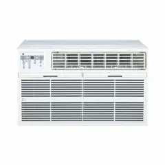 Residential-grade through-the-wall air conditioner providing 10,000 BtuH cooling and heating for spaces up to 450 sq ft. Operates on 208/230V AC with a CEER rating of 9.6 and NEMA 6-20P plug. Includes remote control for convenient operation.