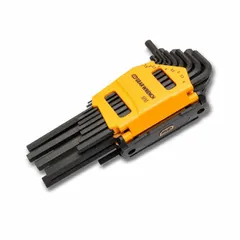 This 26-piece L-shaped hex key set includes both Metric and SAE sizes, with long-arm keys for extended reach. The keys are organized in a caddy for convenient storage and access. Suitable for general fastening tasks requiring multiple hex key sizes in mechanical assembly, maintenance, and repair.