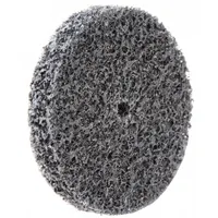 This SCOTCH-BRITE XL-UW unitized wheel measures 1 1/2 in diameter by 1/4 in width with a 1/8 in arbor hole. It is made of fine, soft silicon carbide abrasive material, designed for final finishing of stainless steel and nickel alloys. Typical applications include deburring, blending, and polishing welds, edges, and contours without altering part geometry