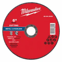 General purpose cut-off wheel for carbon and stainless steel. Type 1 design, 6-inch diameter, 0.045-inch thickness, 7/8-inch arbor. Aluminum oxide abrasive, 46 grit. Suitable for metal fabrication, construction, and maintenance cutting applications.