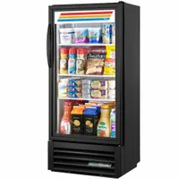 This glass door refrigerator merchandiser features a black swing door and three adjustable shelves. It uses R-290 refrigerant and is suited for commercial display and storage of chilled products in retail settings such as convenience stores, delis, or cafés