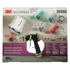 This HVLP spray gun from 3M features a composite body and is designed for applying paints. It includes a 1.4 mm (Orange) nozzle and provides an adjustable spray pattern from 1/2 in to 12 in. The air inlet is 1/4 in NPS, with an air consumption of 13 cfm at 24 psi. Suitable for use in industrial finishing, automotive refinishing, and general coating applications.