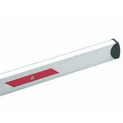 White aluminum barrier arm for road barriers. Overall height 3 1/2 in, length 118 1/8 in. Used to control vehicle access at parking lots, toll booths, and security checkpoints.
