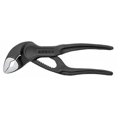 Slip joint pliers with V-jaw design, 4 in overall length, 1 in max jaw opening, 11 jaw positions, and 1/8 in jaw width. Suitable for gripping and turning nuts, bolts, and pipes in confined spaces.