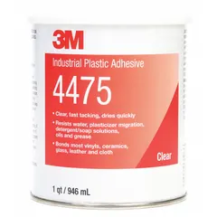 3M 4475 is a clear construction adhesive formulated for bonding plastic substrates in industrial assembly, repair, and fabrication. Supplied in a 1-quart can, it has a VOC content of 561 g/L and is suitable for applications such as signage, panel bonding, and trim attachment where appearance is important.